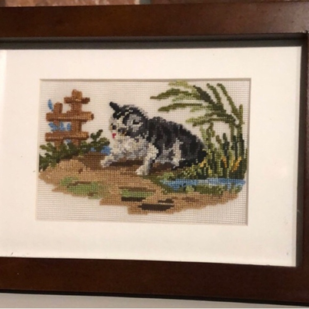 Framed Cat Needlepoint Art